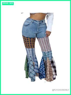 High Waist Plaid Patchwork Flare Bell Bottom Ruffle Hem Stretch Denim Jeans